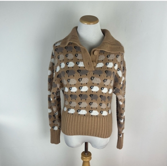 Zara Sheep Lamb Print Collared Sweater Size S Tan Blogger Favorite - Picture 3 of 5